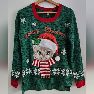 Blizzard Bay Festive Green Cat Meowy Christmas Sequins Sweater Size Small